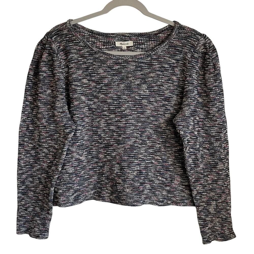 Madewell Boxy Cropped Sweater Sz L Marled Puff Sleeves Multicolored Cabincore
